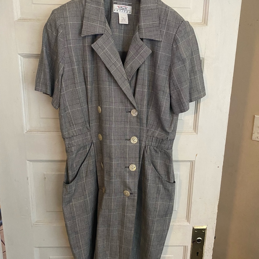 Vtg 90s TALBOTS Donna Ricco Sz 12P Black/White Houndstooth Button Front Dress.